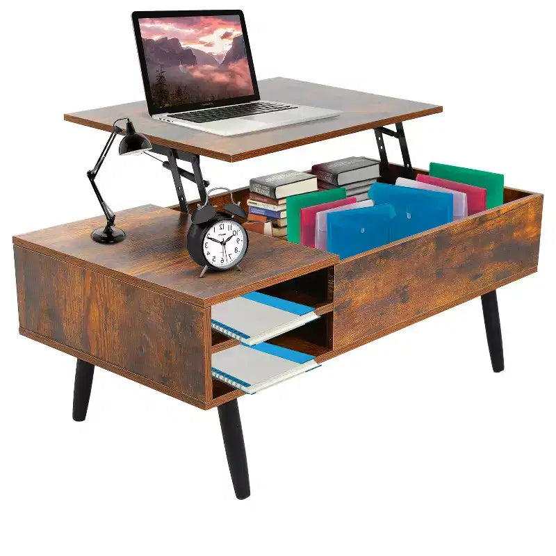 Table basse relevable moderne et minimaliste FDW avec rangement dissimulé et étagères ouvertes Table basse parfaite