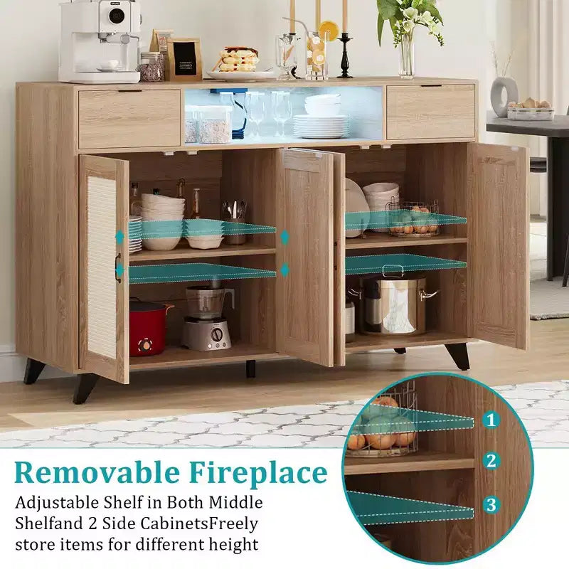 Bahut vaisselier, buffet, console, meuble de rangement d'appoint avec 4 portes en rotin, 2 tiroirs, bar à café avec prise de courant et éclairage LED