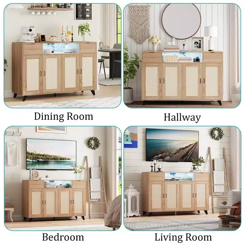 Bahut vaisselier, buffet, console, meuble de rangement d'appoint avec 4 portes en rotin, 2 tiroirs, bar à café avec prise de courant et éclairage LED