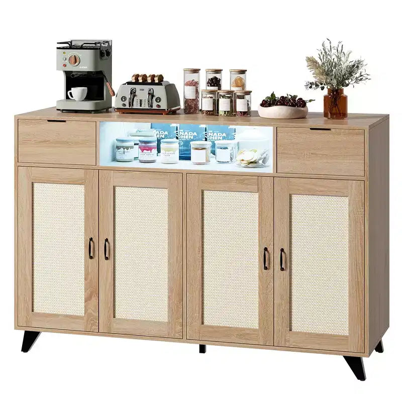 Bahut vaisselier, buffet, console, meuble de rangement d'appoint avec 4 portes en rotin, 2 tiroirs, bar à café avec prise de courant et éclairage LED