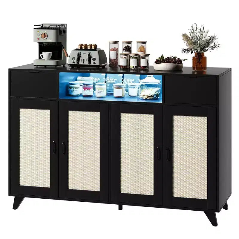 Bahut vaisselier, buffet, console, meuble de rangement d'appoint avec 4 portes en rotin, 2 tiroirs, bar à café avec prise de courant et éclairage LED