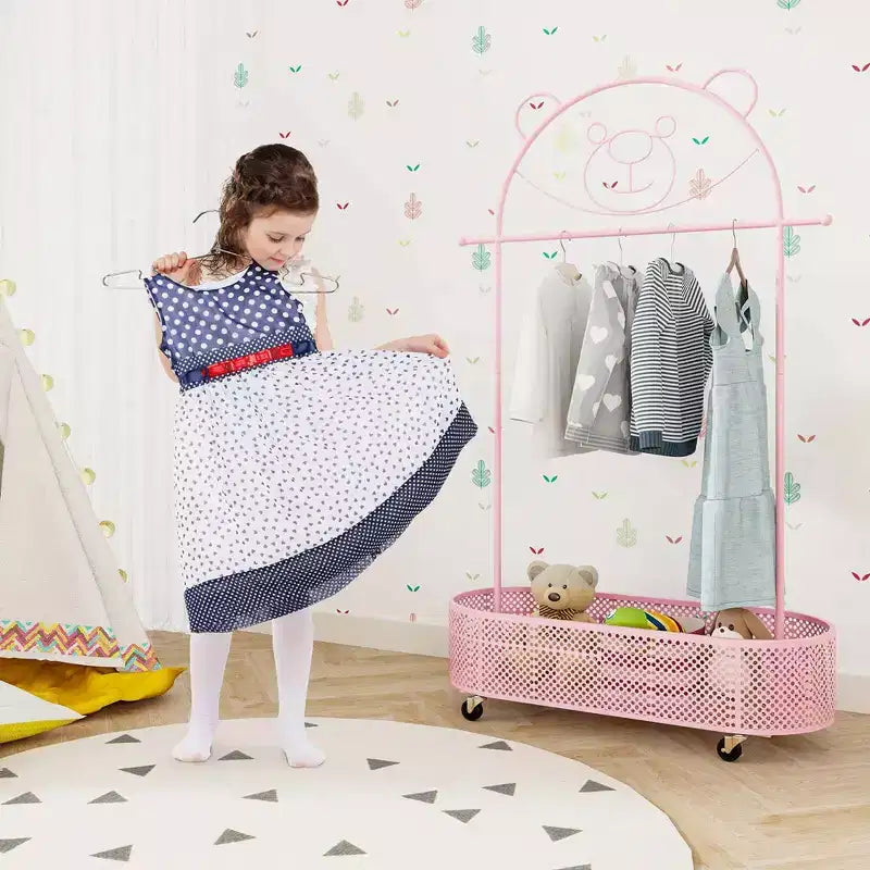 Portant à vêtements pour enfants avec 3 hauteurs réglables Portant à vêtements autoportant blanc/rose