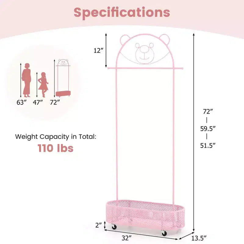 Portant à vêtements pour enfants avec 3 hauteurs réglables Portant à vêtements autoportant blanc/rose