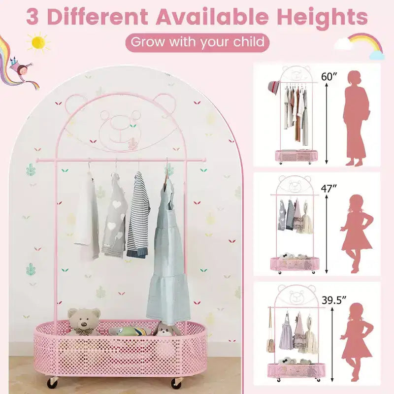 Portant à vêtements pour enfants avec 3 hauteurs réglables Portant à vêtements autoportant blanc/rose