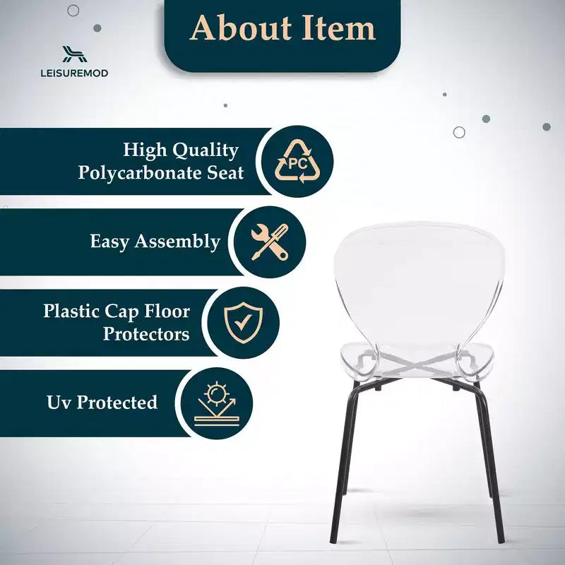 Chaises de salle à manger transparentes par lot de 4, empilables avec dossier incurvé et pieds en acier inoxydable noir pour cuisine ou salle à manger