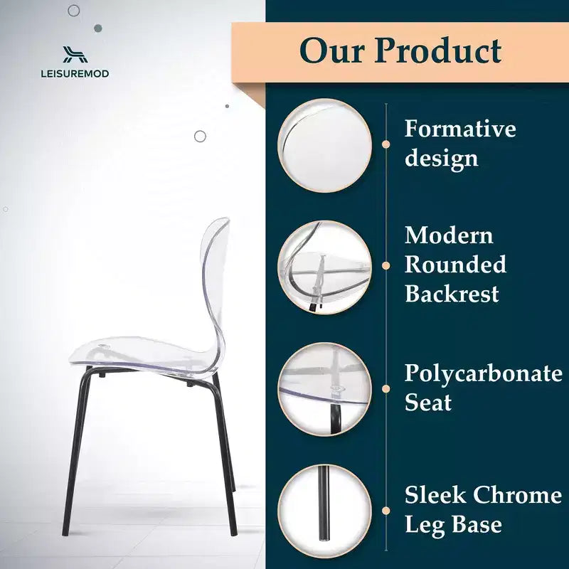 Chaises de salle à manger transparentes par lot de 4, empilables avec dossier incurvé et pieds en acier inoxydable noir pour cuisine ou salle à manger
