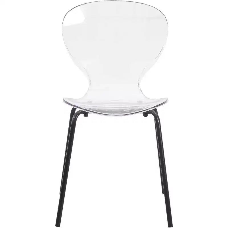 Chaises de salle à manger transparentes par lot de 4, empilables avec dossier incurvé et pieds en acier inoxydable noir pour cuisine ou salle à manger