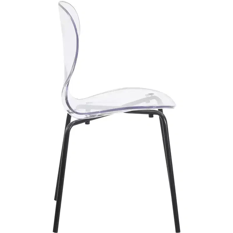 Chaises de salle à manger transparentes par lot de 4, empilables avec dossier incurvé et pieds en acier inoxydable noir pour cuisine ou salle à manger