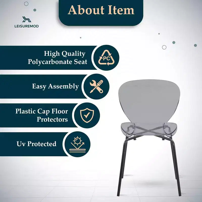 Chaises de salle à manger transparentes par lot de 4, empilables avec dossier incurvé et pieds en acier inoxydable noir pour cuisine ou salle à manger