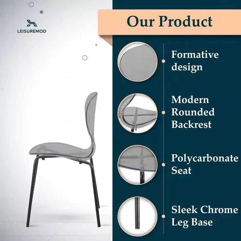 Chaises de salle à manger transparentes par lot de 4, empilables avec dossier incurvé et pieds en acier inoxydable noir pour cuisine ou salle à manger