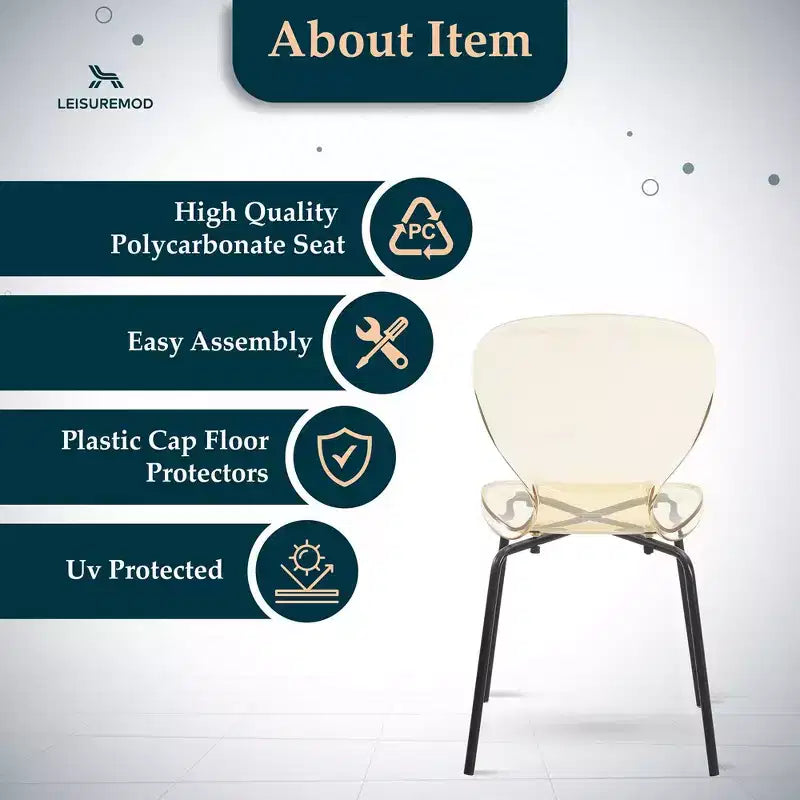 Chaises de salle à manger transparentes par lot de 4, empilables avec dossier incurvé et pieds en acier inoxydable noir pour cuisine ou salle à manger