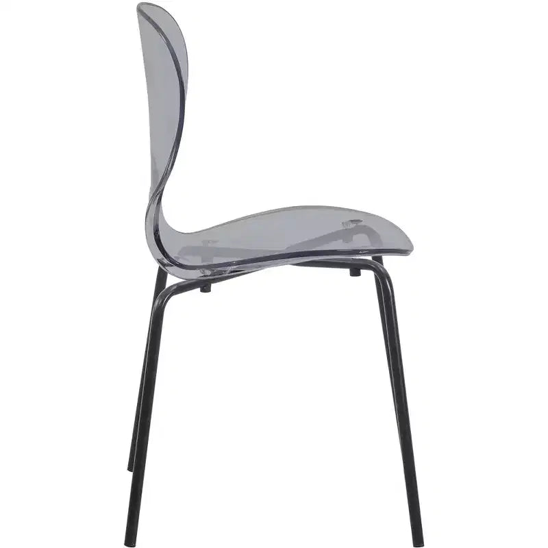 Chaises de salle à manger transparentes par lot de 4, empilables avec dossier incurvé et pieds en acier inoxydable noir pour cuisine ou salle à manger
