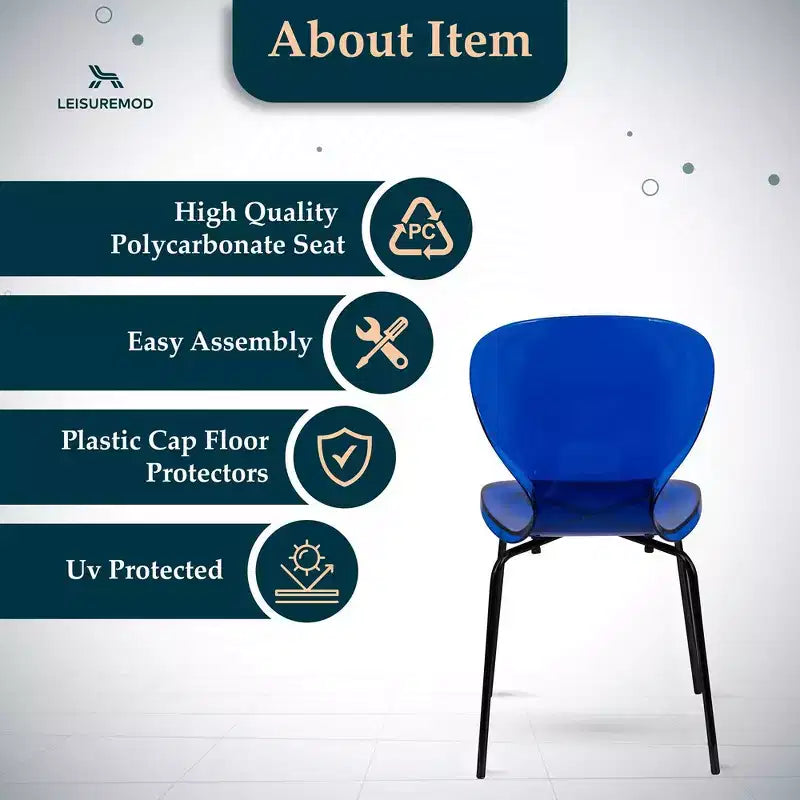 Chaises de salle à manger transparentes par lot de 4, empilables avec dossier incurvé et pieds en acier inoxydable noir pour cuisine ou salle à manger
