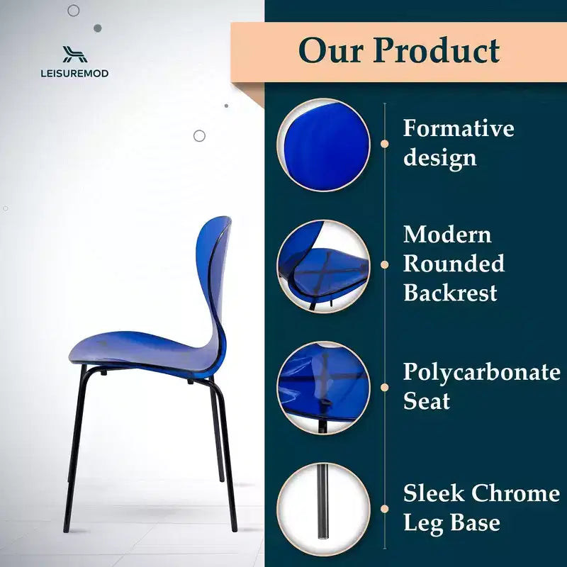Chaises de salle à manger transparentes par lot de 4, empilables avec dossier incurvé et pieds en acier inoxydable noir pour cuisine ou salle à manger