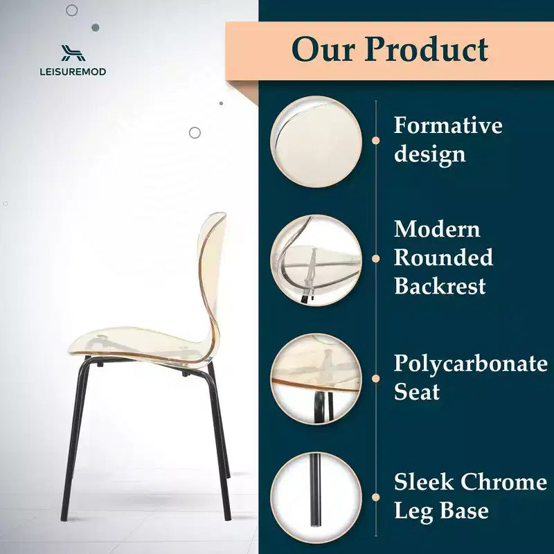 Chaises de salle à manger transparentes par lot de 4, empilables avec dossier incurvé et pieds en acier inoxydable noir pour cuisine ou salle à manger