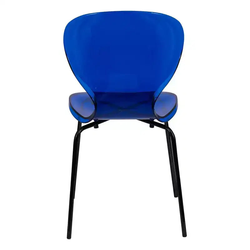 Chaises de salle à manger transparentes par lot de 4, empilables avec dossier incurvé et pieds en acier inoxydable noir pour cuisine ou salle à manger