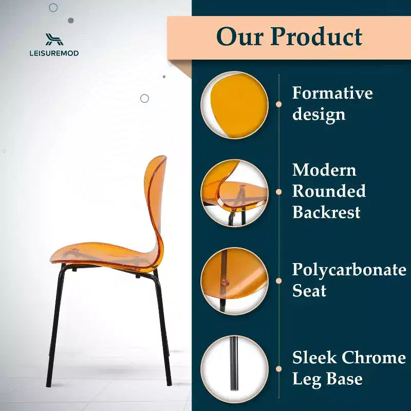Chaises de salle à manger transparentes par lot de 4, empilables avec dossier incurvé et pieds en acier inoxydable noir pour cuisine ou salle à manger