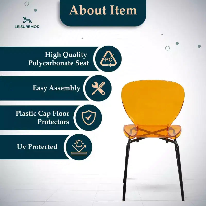 Chaises de salle à manger transparentes par lot de 4, empilables avec dossier incurvé et pieds en acier inoxydable noir pour cuisine ou salle à manger
