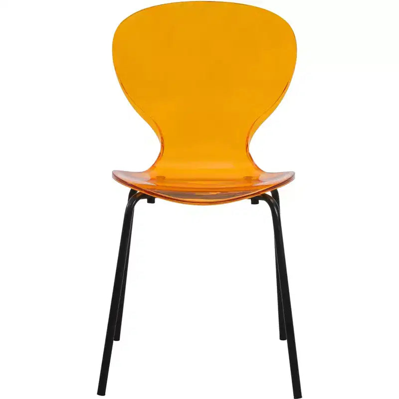 Chaises de salle à manger transparentes par lot de 4, empilables avec dossier incurvé et pieds en acier inoxydable noir pour cuisine ou salle à manger