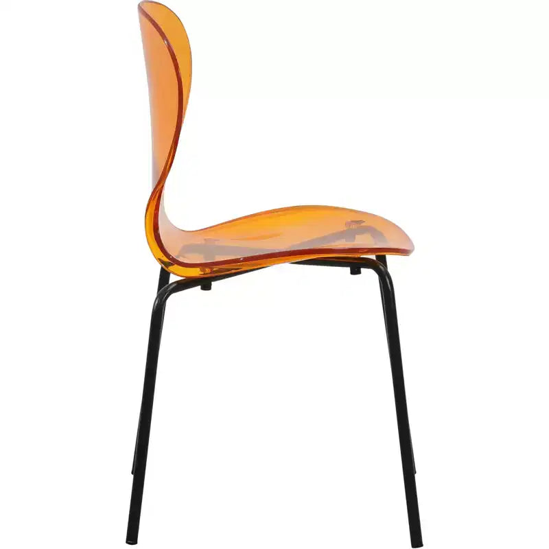 Chaises de salle à manger transparentes par lot de 4, empilables avec dossier incurvé et pieds en acier inoxydable noir pour cuisine ou salle à manger