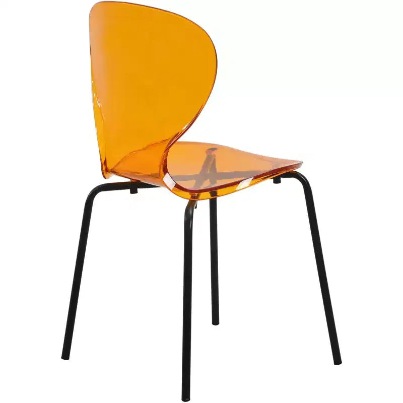 Chaises de salle à manger transparentes par lot de 4, empilables avec dossier incurvé et pieds en acier inoxydable noir pour cuisine ou salle à manger