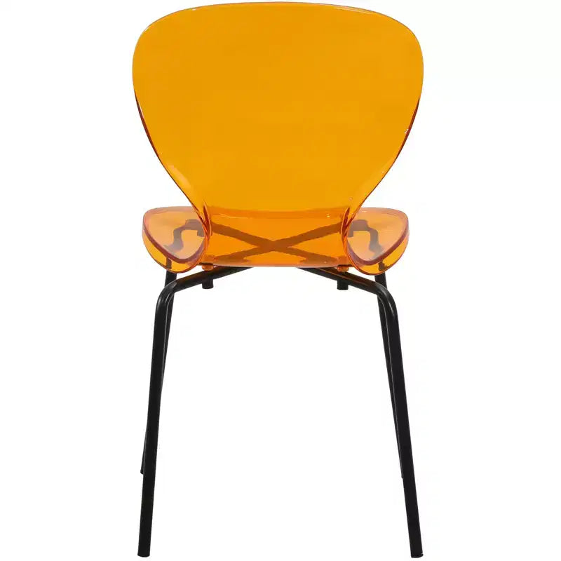 Chaises de salle à manger transparentes par lot de 4, empilables avec dossier incurvé et pieds en acier inoxydable noir pour cuisine ou salle à manger