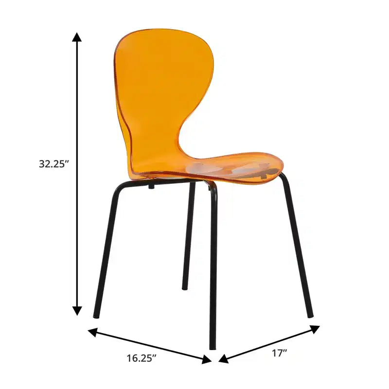 Chaises de salle à manger transparentes par lot de 4, empilables avec dossier incurvé et pieds en acier inoxydable noir pour cuisine ou salle à manger