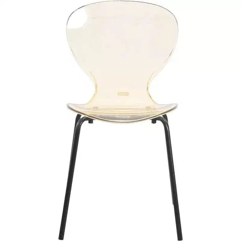 Chaises de salle à manger transparentes par lot de 4, empilables avec dossier incurvé et pieds en acier inoxydable noir pour cuisine ou salle à manger