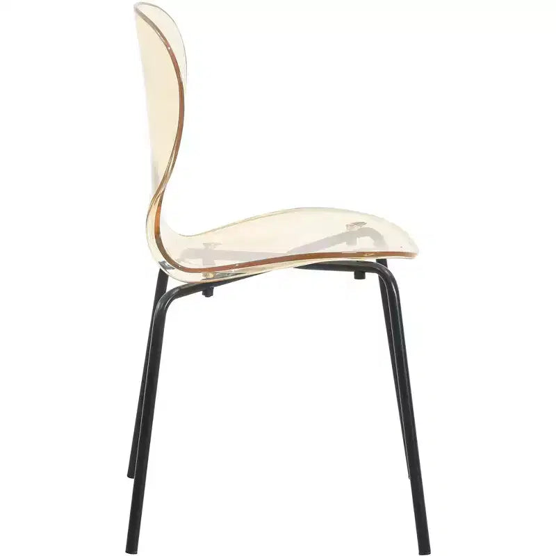 Chaises de salle à manger transparentes par lot de 4, empilables avec dossier incurvé et pieds en acier inoxydable noir pour cuisine ou salle à manger