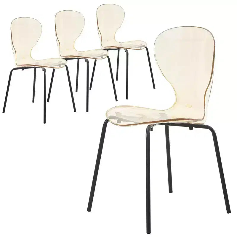 LeisureMod Oyster Transparent Dining Chairs Set of 4  Stackable Curved Back Design with Black Stainless Steel Legs for Kitchen or Dining Room