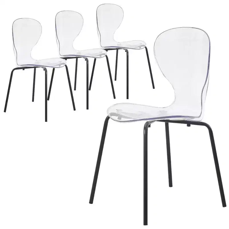 Chaises de salle à manger transparentes par lot de 4, empilables avec dossier incurvé et pieds en acier inoxydable noir pour cuisine ou salle à manger