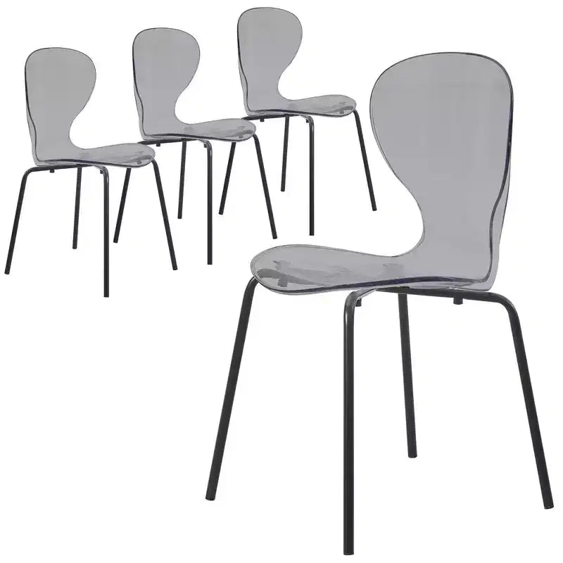 Chaises de salle à manger transparentes par lot de 4, empilables avec dossier incurvé et pieds en acier inoxydable noir pour cuisine ou salle à manger