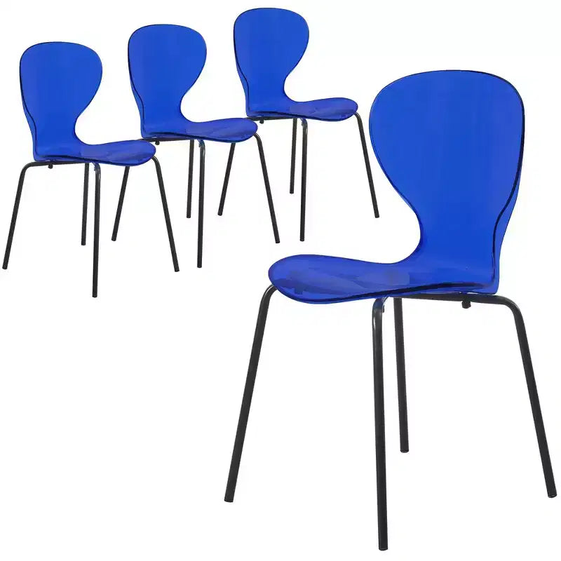 Chaises de salle à manger transparentes par lot de 4, empilables avec dossier incurvé et pieds en acier inoxydable noir pour cuisine ou salle à manger