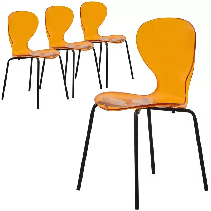 Chaises de salle à manger transparentes par lot de 4, empilables avec dossier incurvé et pieds en acier inoxydable noir pour cuisine ou salle à manger