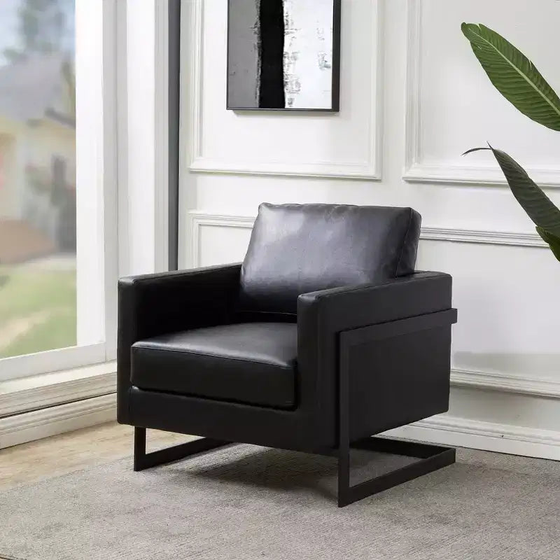 Fauteuil d'appoint en cuir PU Lincoln, siège moderne rembourré avec cadre en acier noir, fauteuil confortable pour salon, chambre, bureau