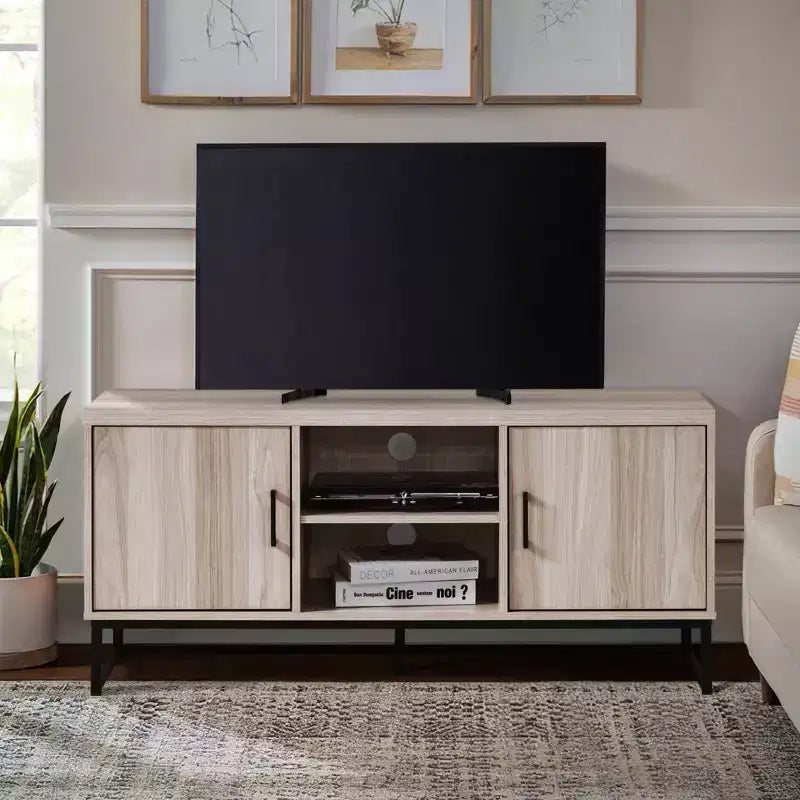 Meuble TV en bois de 119 cm avec 2 armoires de rangement, convient aux téléviseurs jusqu'à 127 cm.