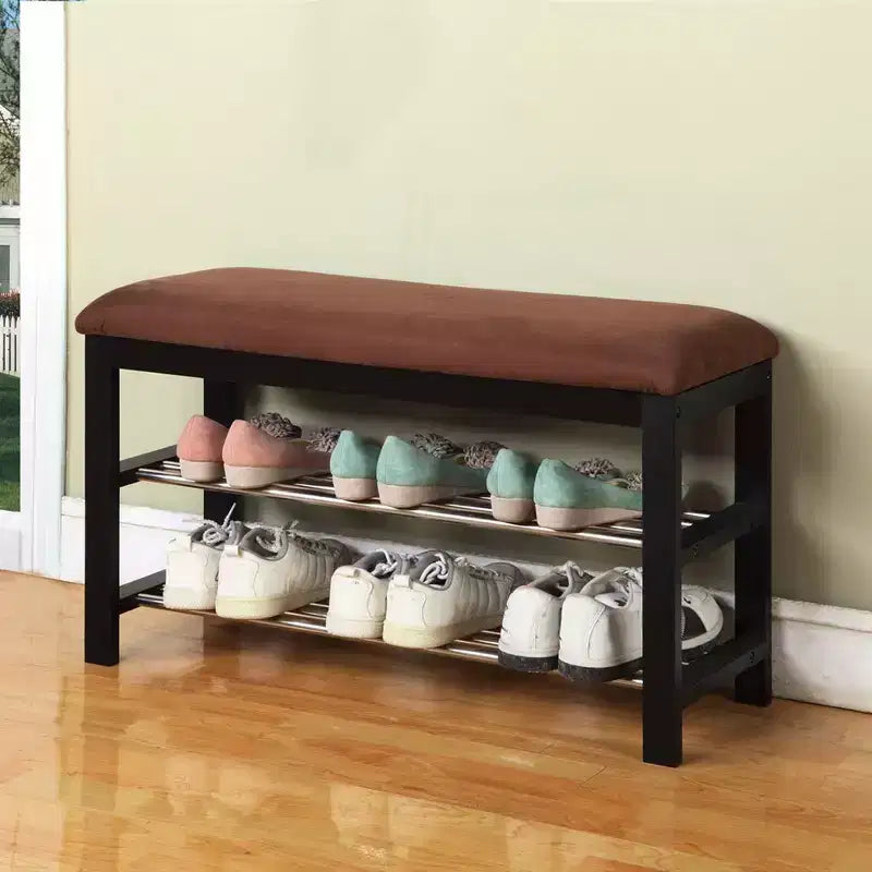 Banc à chaussures en bois avec coussin, banc de rangement à chaussures 3 niveaux, organisateur d'étagère à chaussures d'entrée, banc de rangement pour couloir, chambre, salon, buanderie